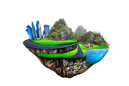 round soil ground cross section with earth land and  modern city  . fantasy floating island with natural on the rock, surreal float landscape with paradise concept isolated on white backgroundの写真素材