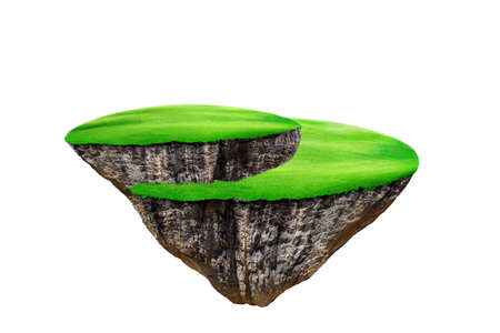 round soil ground cross section with earth land and green grass.  fantasy floating island with natural on the rock, surreal float landscape with paradise concept isolated on white backgroundの写真素材