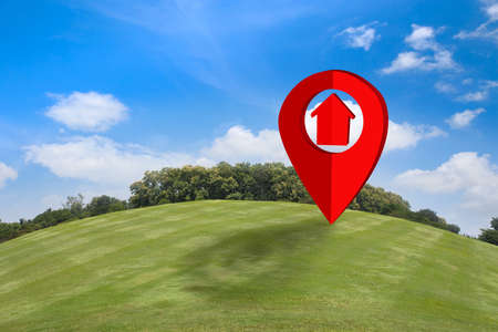 House symbol with location pin icon on earth and green grass in real estate sale or property investment concept, Buying new home for family.の写真素材