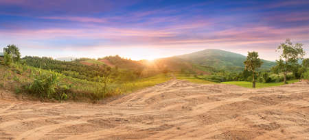 Empty dry cracked swamp reclamation soil, land plot for housing construction project with car tire print in rural area and beautiful blue sky with fresh air Land for sales landscape conceptの写真素材
