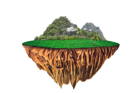round soil ground cross section with earth land and green grass.  fantasy floating island with natural on the rock, surreal float landscape with paradise concept isolated on white backgroundの写真素材