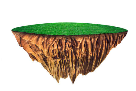 round soil ground cross section with earth land and green grass.  fantasy floating island with natural on the rock, surreal float landscape with paradise concept isolated on white backgroundの写真素材