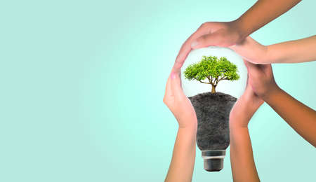 Thinking together, a diverse group of people come together to form an inspiring. Bulbs with small...