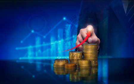 Business increase arrow graph corporate future growth Business concept coin investment growth graph display Planning,opportunity, challenge and business strategy and business strategy.の写真素材