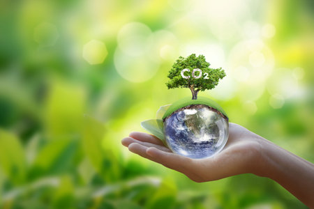 Renewable energy-based green businesses can limit climate change and global warming. Clean and environmentally friendly environment without carbon dioxide emissions.Reduce CO2 emission concept.の写真素材