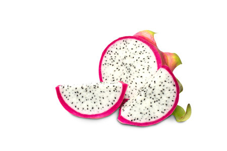 Dragon fruit with leaf. pitaya isolated set. Collection of ripe dragon fruit or pitahaya, half and slice of the fruit on a white background. DragonFruit Package design element. Top view. Flat lay.の写真素材