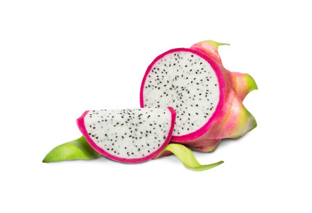 Dragon fruit with leaf. pitaya isolated set. Collection of ripe dragon fruit or pitahaya, half and slice of the fruit on a white background. DragonFruit Package design element. Top view. Flat lay.の写真素材