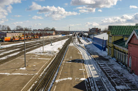 Tracks in the clear spring morning in Russiaの写真素材