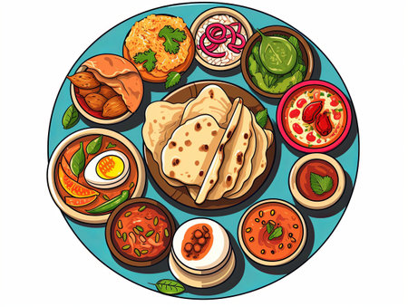 An illustration that takes you on a culinary journey through the vibrant flavors and captivating spices of Indian cuisine. Discover the culinary diversity of India in this visually enticing imageの写真素材