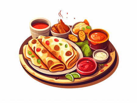 Illustration of Indian food dishes, in png format without background, with shadows and many saucesの写真素材