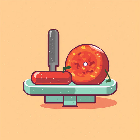 Vector illustration of stone table with homemade sausages, pricked by a forkのイラスト素材