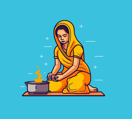 Young woman of Indian origin cooking traditional food on the floor on a carpet with a blue backgroundのイラスト素材