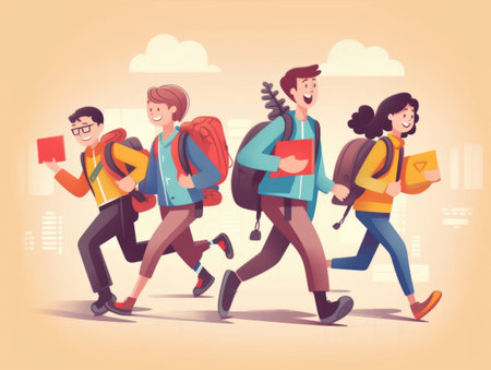 Illustration representing students for the return to school, 4 happy and happy students walking to school, the holidays are over and it's time to go back to schoolの素材