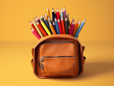 Leather backpack for back to school, is full of colored pencils to make beautiful illustrations, has a smooth bottom and several pockets so that the backpack is comfortable and ergonomic for the back of childrenの素材