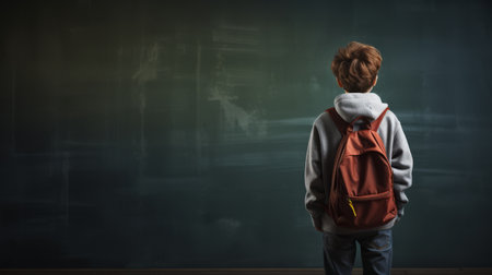 Child who went back to school, looking at an empty blackboard to be able to write or put whatever you want on it. Boy with brown backpack and gray sweatshirt, looking at a school pizala, cheerful and energetic for the return to school.の素材