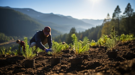 This poignant image shows the shocking replanting process carried out by dedicated volunteers in a forest devastated by fire. His tireless work embodies the hope and regeneration of nature in the midst of adversity, Generative AIの素材