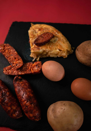 Indulge in the Spanish culinary heritage with this mouthwatering potato omelette served on a sleek black slate tray. Each slice reveals a delightful blend of tender potatoes, farm-fresh eggs, and savory chorizo, creating a symphony of flavors that captivate the senses.の写真素材