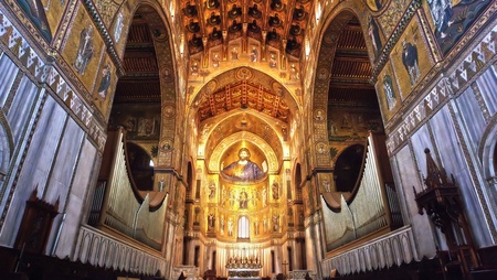 Medieval Norman architecture  Cathedral of Monreale, interior with its golden mosaics のeditorial素材