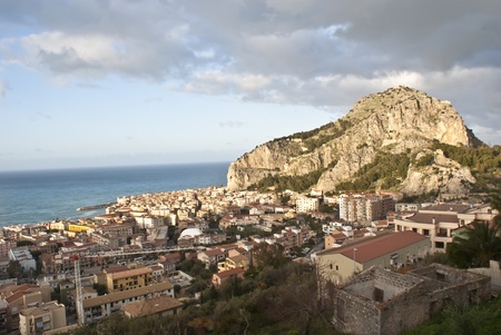 View of the CefalÃ¹ with sea and mountain.Sicily- Italyのeditorial素材