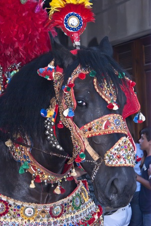 POLIZZI GENEROSA, SICILY - AUGUST 21: Folkloristic parade of traditional horse-cars in Sicily during the International "Festival of hazelnuts" : August 21, 2011 in Polizzi Generosa,Sicily,Italyのeditorial素材