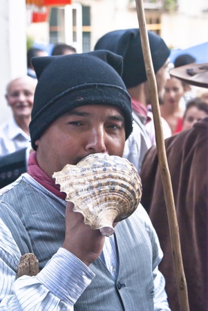 POLIZZI GENEROSA, SICILY-AUGUST 21: Portuguese folk group at the International "Festival of hazelnuts", parade through the streets of the country :August 21, 2011 in Polizzi Generosa,Palermo, Sicily, Italyのeditorial素材