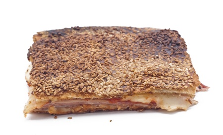 Sicilian Rorisserie. piece of rotisserie with mozzarella and tomato sauce isolated on white.の写真素材