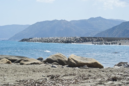 view of the Aeolian Islands from the Brolo beach in the province of Messina, Sicilyの写真素材