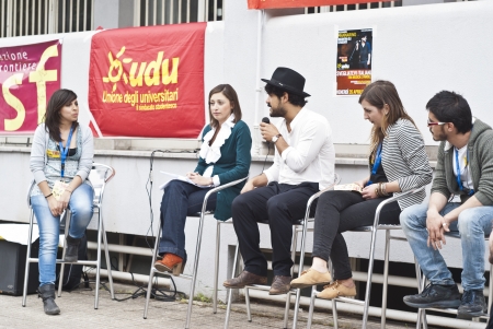 PALERMO APRIL 26- The singer Alessandro Mannarino was invited by UDU Palermo - Union of University Students - to participate in a meeting with students on april 26, 2013 in Palermo, Italyのeditorial素材