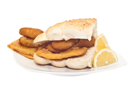 Sandwich with panelle and crocchette on white background. typical Sicilian foodの写真素材