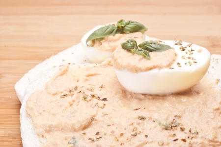 sandwich with egg and tuna sauce on wooden boardの写真素材