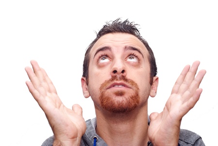 Close up man with open hands and looking up ,meditatingの写真素材