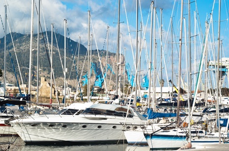 yachts and boats in old port in Palermo called Cala, Italyのeditorial素材