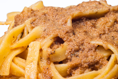 Tagliatelle pasta with bolognese sauce. Macroの写真素材