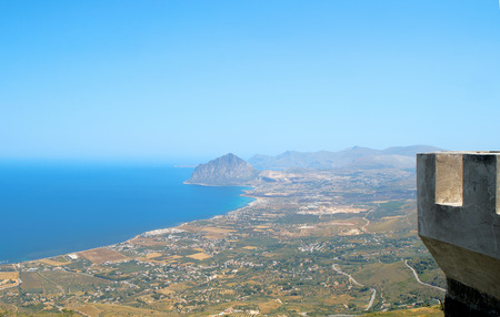 Italy, Sicily, view of Cofano mount and the Tyrrhenian coastline from Erice (Trapani)の写真素材