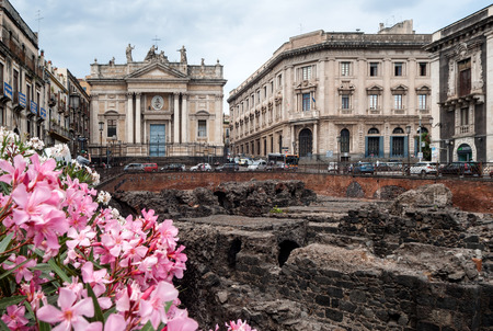 Remains of the Roman amphitheater at the Piazza Stesicoro (Stesicoro square), Catania,Italyのeditorial素材