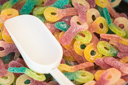 Sweet Sugar Candies on a Street Market Shop Table, Selective focus with shallow depth of fieldの写真素材