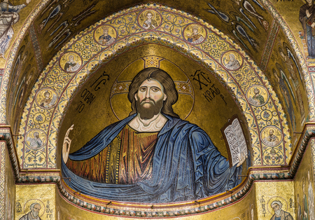 PALERMO - August 13: interior of Santa Maria Nuova cathedral in Monreale, Italy. The Cathedral of Monreale is one of the greatest examples of Norman architecture in the world.It is famous by mosaic of Christ Pantocrator:August 13,2016 in Palermo,Sicily, Iのeditorial素材