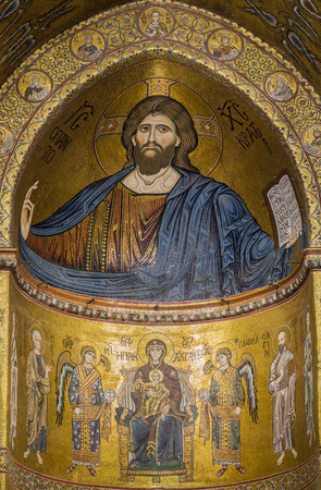PALERMO - August 13: interior of Santa Maria Nuova cathedral in Monreale, Italy. The Cathedral of Monreale is one of the greatest examples of Norman architecture in the world.It is famous by mosaic of Christ Pantocrator:August 13,2016 in Palermo,Sicily, Iのeditorial素材