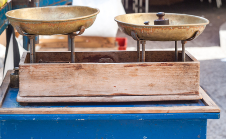 Vintage kitchen scales with brass weights,closeupの写真素材