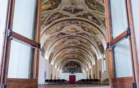 August 18, 2017: Sala Sisto V, in the monumental complex of San Lorenzo Maggiore of Napoli, Italy. The fresco represents the seven real virtuesのeditorial素材