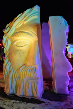 Breckenridge, Colorado, USA: Jan 28, 2018: In Search of Ourselves Snow Sculpture 2018 at Nightのeditorial素材