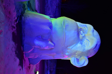 Breckenridge, Colorado, USA: Jan 28, 2018: Team China: Thinker at Night 2018 Snow Sculpture