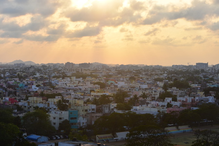 Chennai, Tamilnadu, India: January 26, 2019 - Chennai City Skyline from the Marina Lighthouseの写真素材