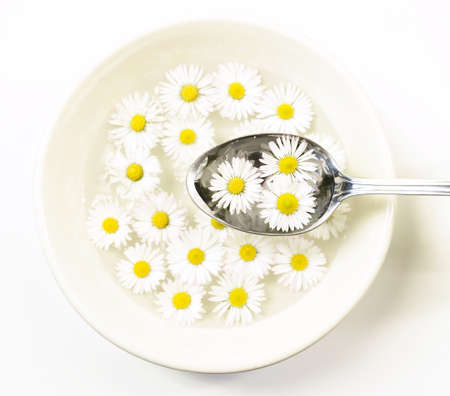 ceramic bowl with daisy flowers and spoonの写真素材