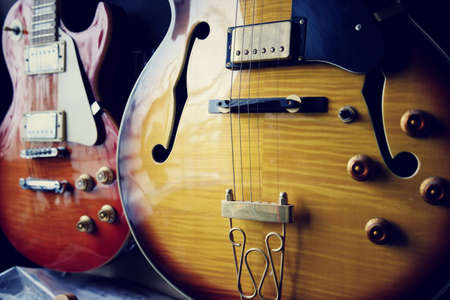 group of guitars in expositionの写真素材