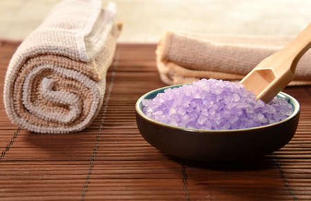Spa still life with soap, bath salt, cream,towel,candlesの写真素材