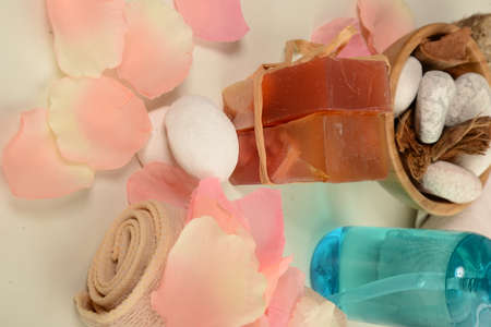 Spa still life with soap, bath salt, cream,towel,candlesの写真素材
