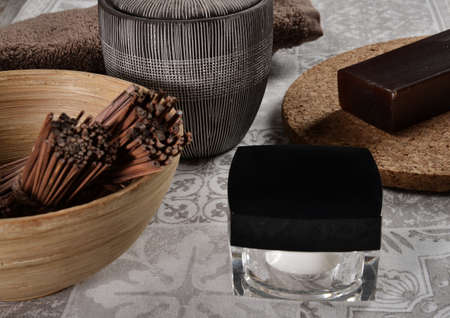 Spa still life with soap, bath salt, cream,towel,candles