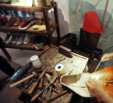 craftsman making luxury handmade man shoesのeditorial素材