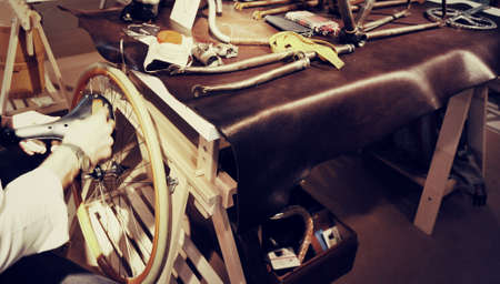 crafstmen making handmade custom luxury bicycle vintage lookの写真素材
